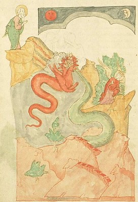 Жена скрывается от дракона в пустыне (миниатюра лицевого Апокалипсиса, XVI век)